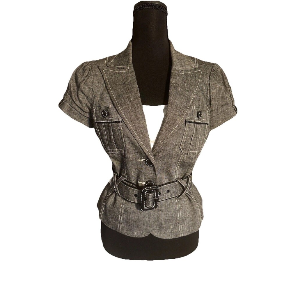 Vintage Y2K Bebe Gray Baddie Short Sleeve Linen Blend Belted Woman’s Blazer Sz 6